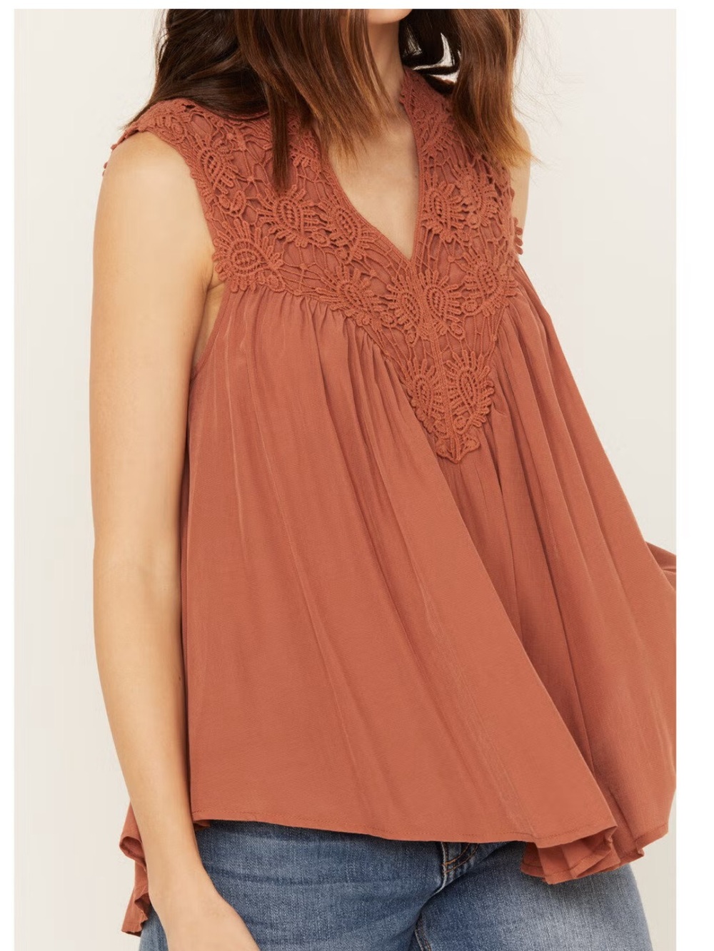 NWT Molly Bracken Rust Crochet V‑Neck Sleeveless Peasant Top